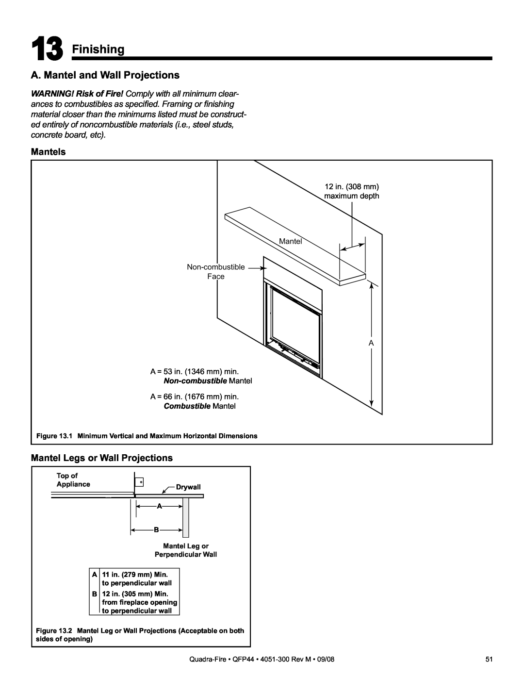 Quadra-Fire QFP44 owner manual Finishing, A. Mantel and Wall Projections, Mantels, Mantel Legs or Wall Projections 