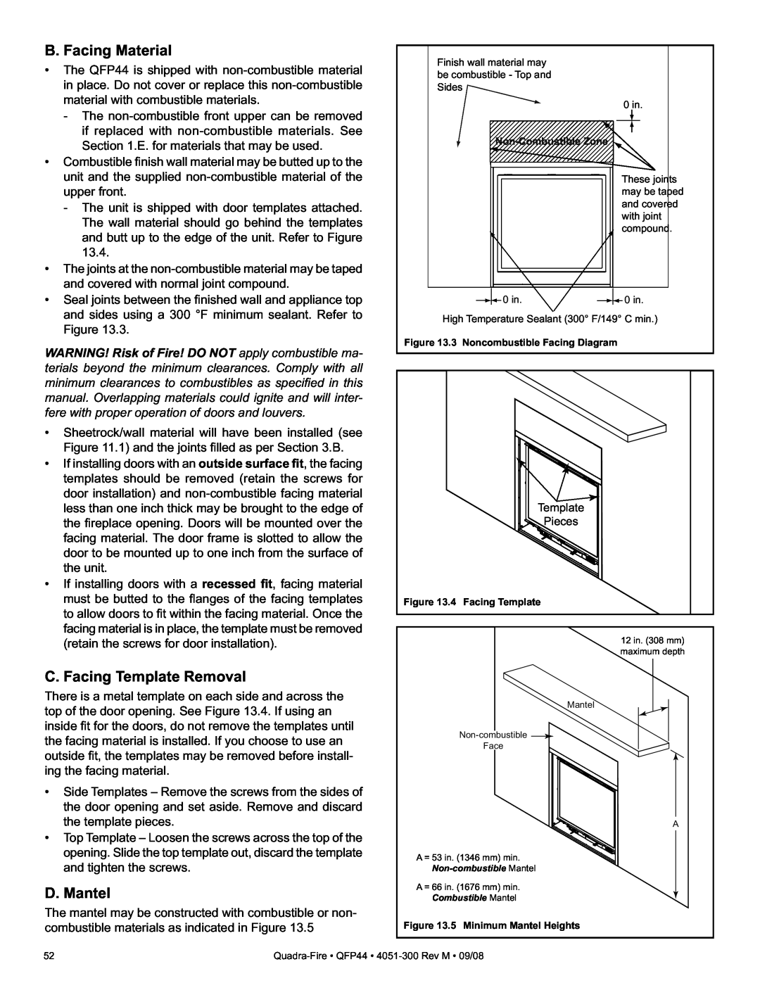 Quadra-Fire QFP44 owner manual B. Facing Material, C. Facing Template Removal, D. Mantel 