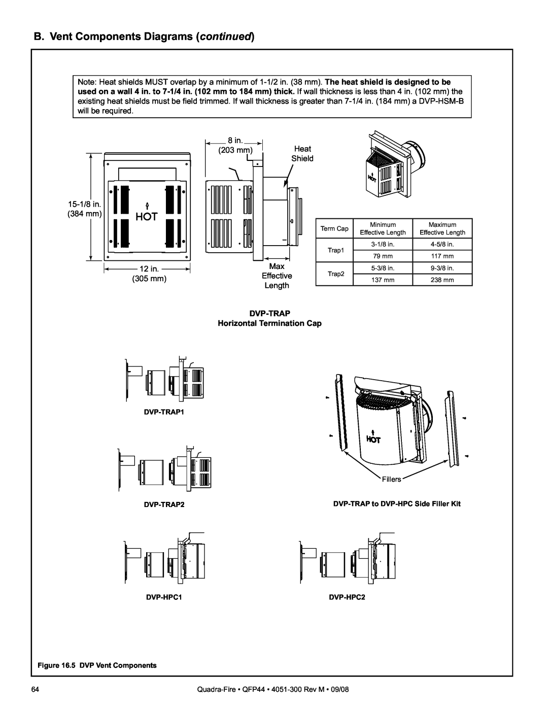 Quadra-Fire QFP44 owner manual B. Vent Components Diagrams continued, Effective, DVP-TRAP Horizontal Termination Cap 