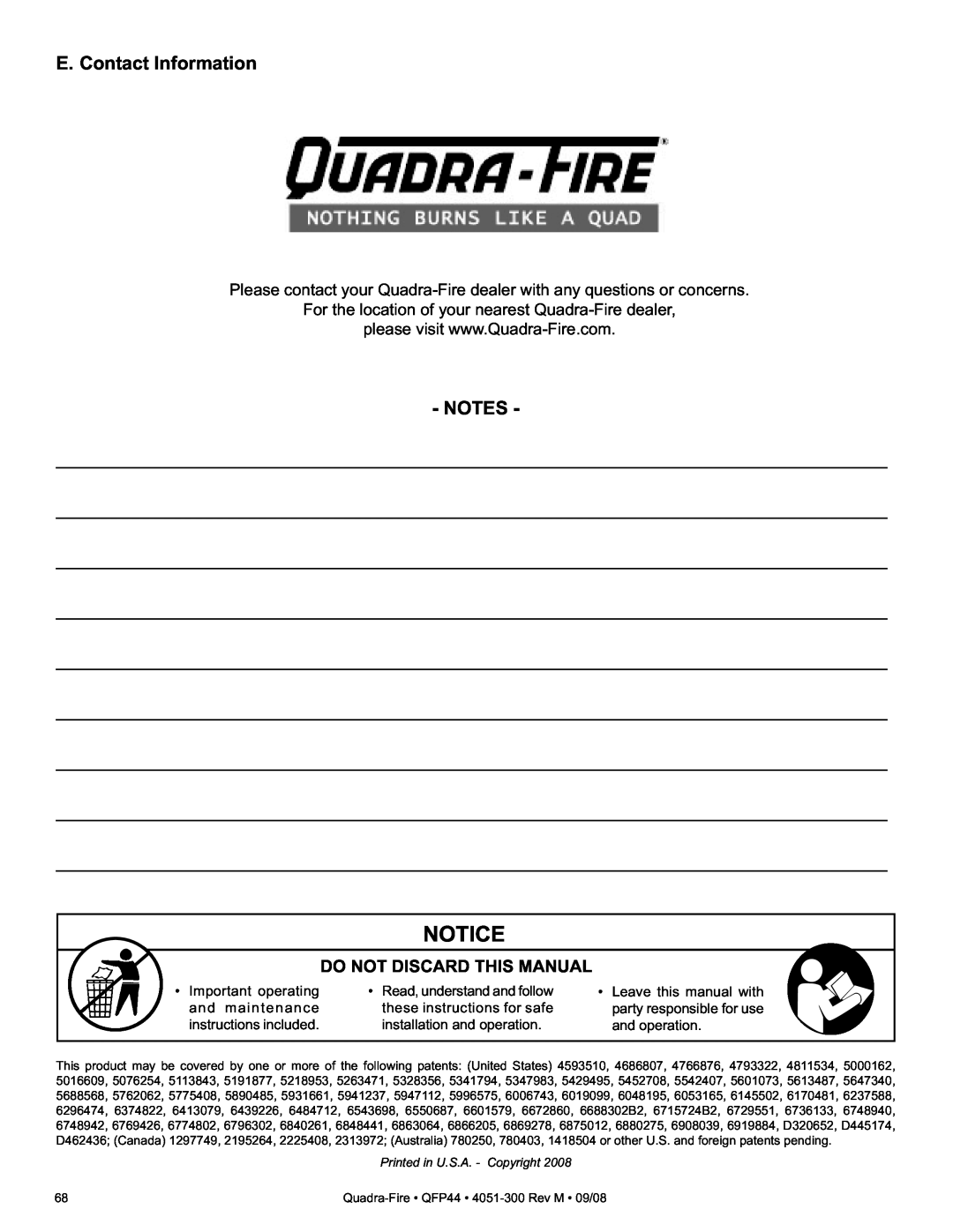 Quadra-Fire QFP44 owner manual E. Contact Information 