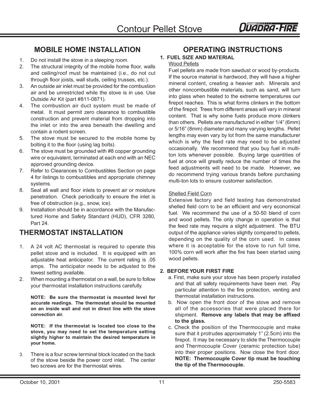 Quadra-Fire QUADRA-FIRE CONTOUR warranty Mobile Home Installation, Thermostat Installation, Operating Instructions 