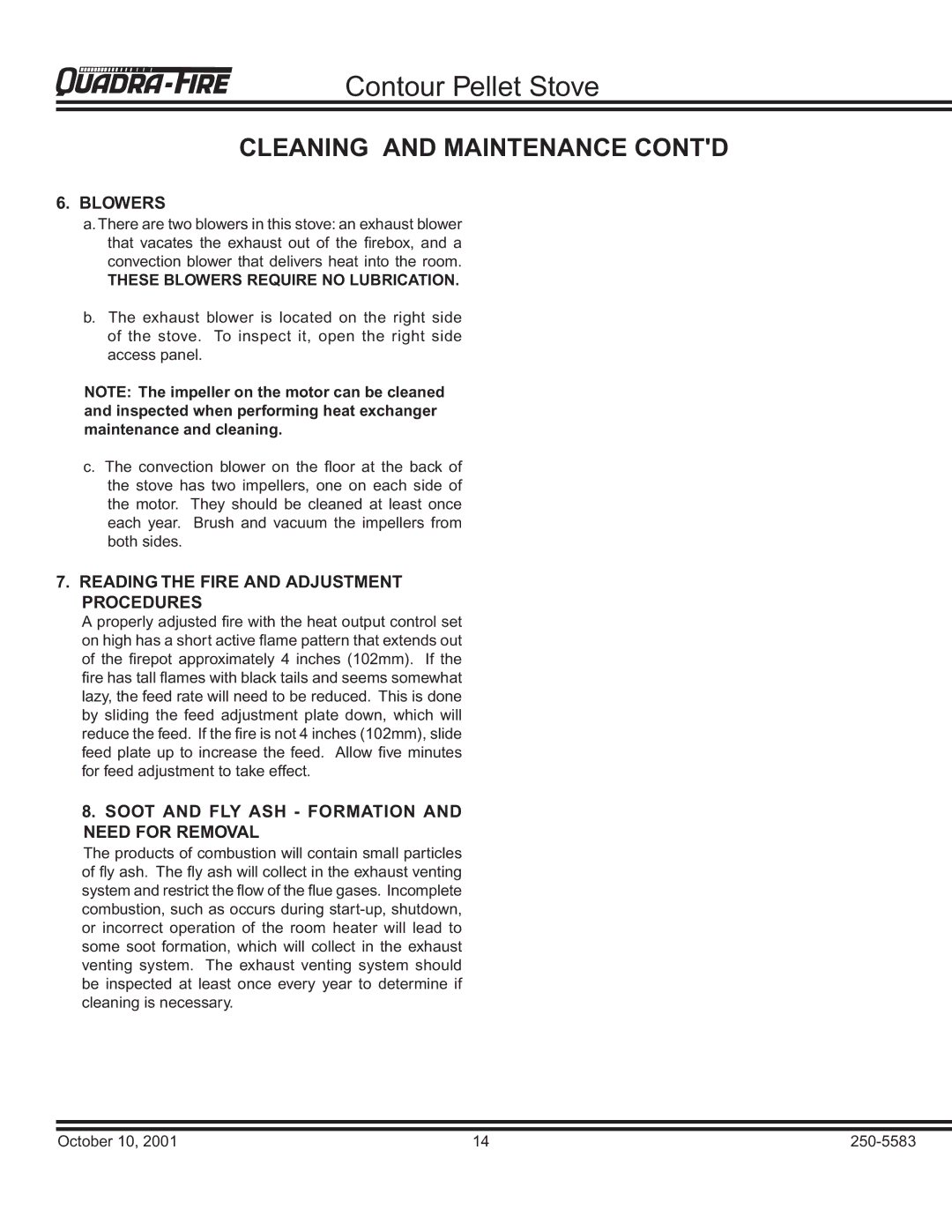 Quadra-Fire QUADRA-FIRE CONTOUR Cleaning and Maintenance Contd, Blowers, Reading the Fire and Adjustment Procedures 