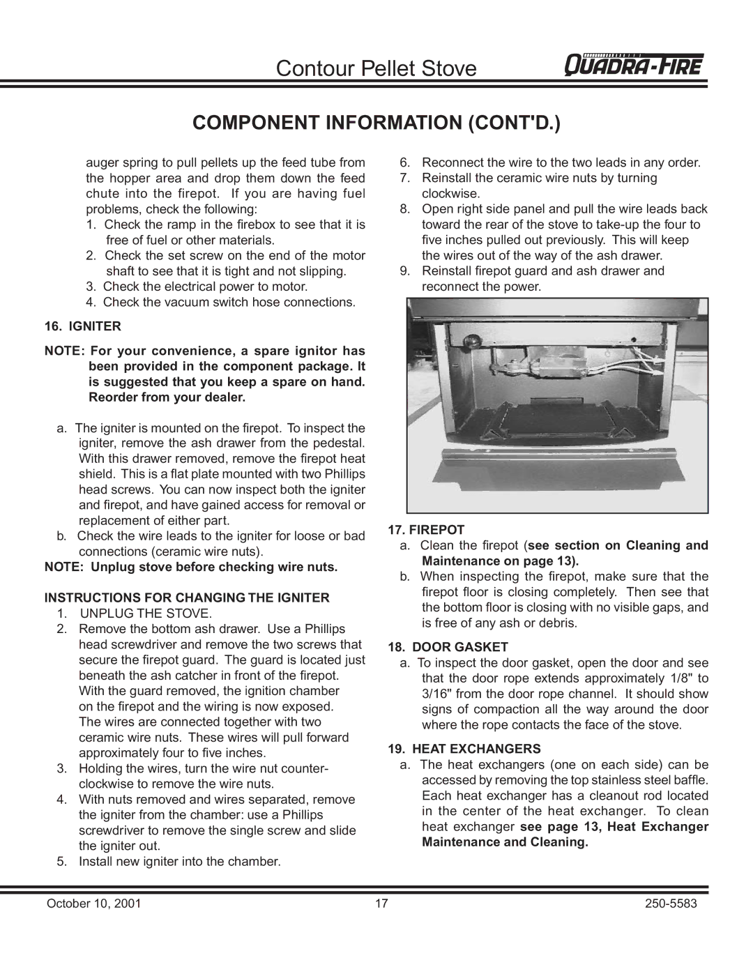 Quadra-Fire QUADRA-FIRE CONTOUR warranty Component Information Contd, Igniter 