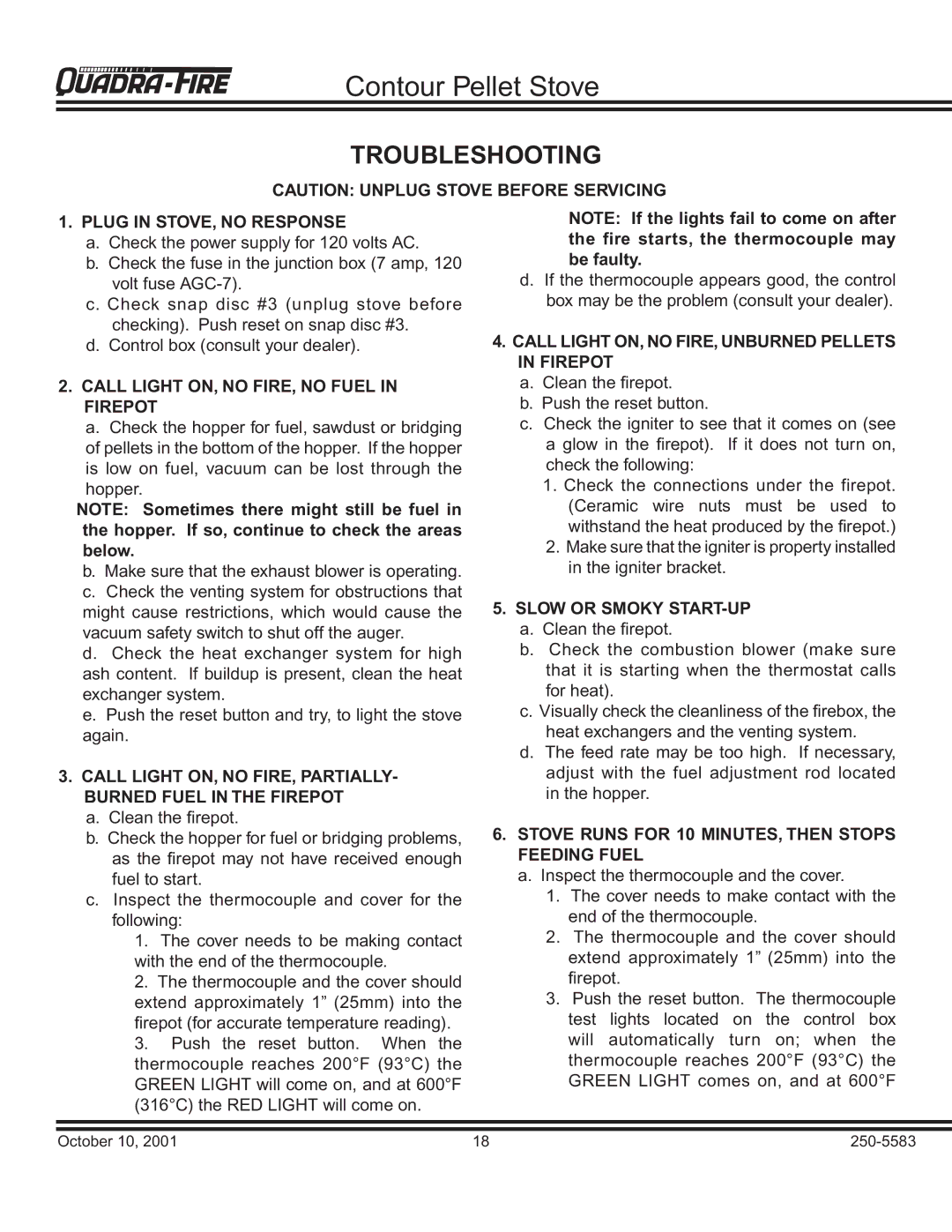 Quadra-Fire QUADRA-FIRE CONTOUR warranty Troubleshooting 