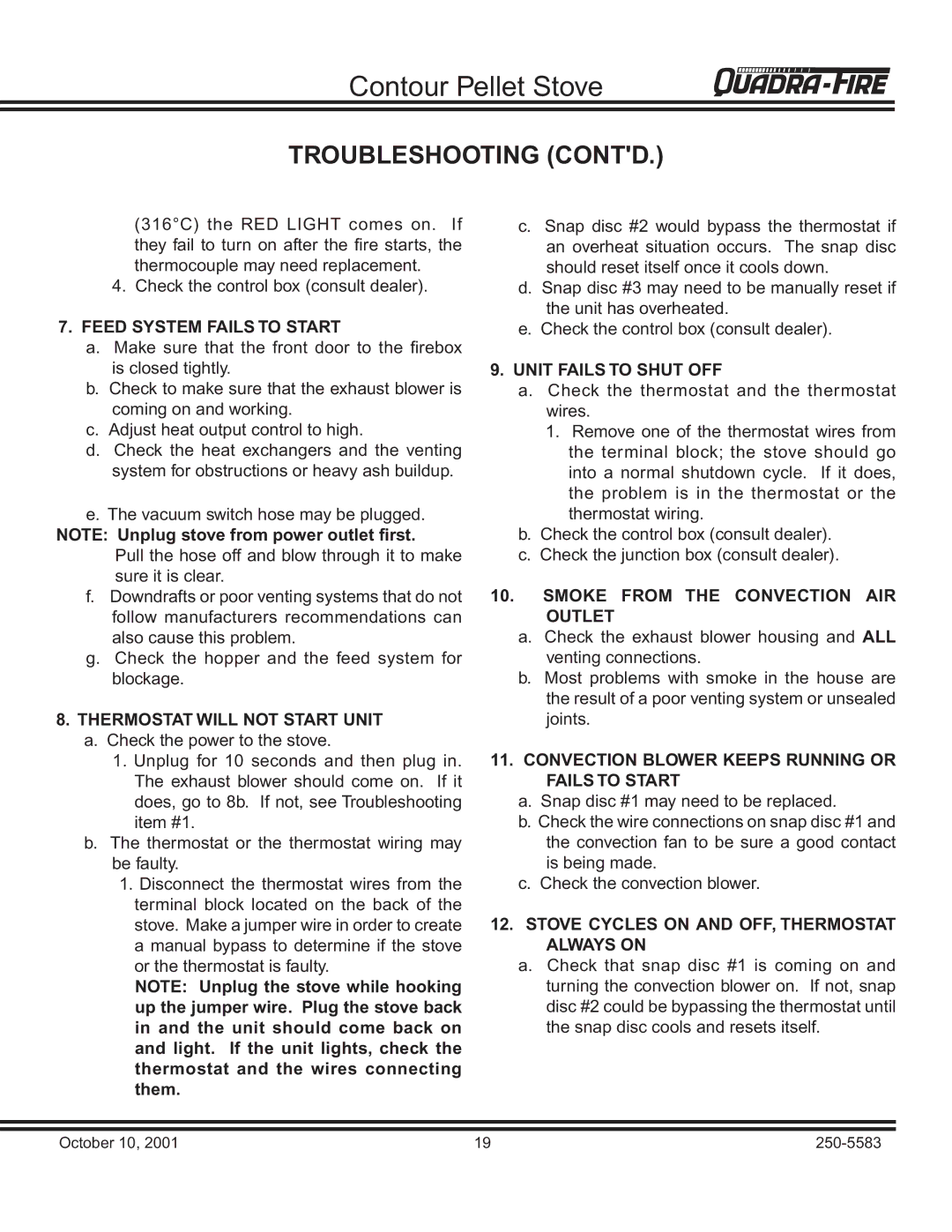 Quadra-Fire QUADRA-FIRE CONTOUR warranty Troubleshooting Contd 