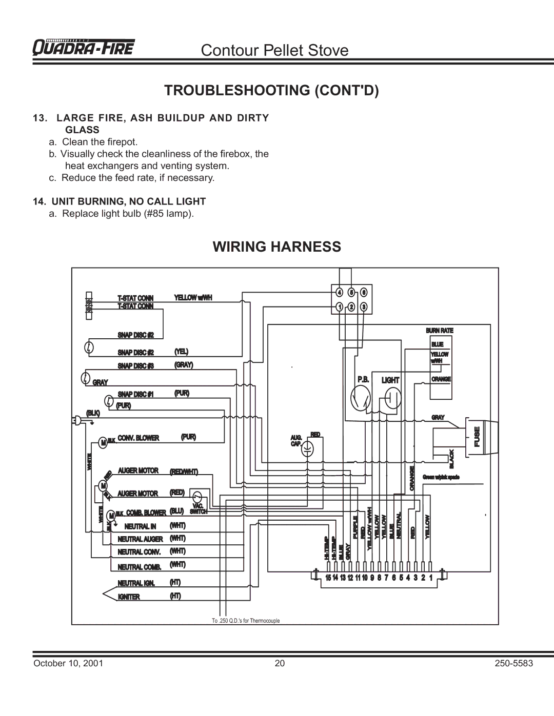 Quadra-Fire QUADRA-FIRE CONTOUR Wiring Harness, Large FIRE, ASH Buildup and Dirty Glass, Unit BURNING, no Call Light 