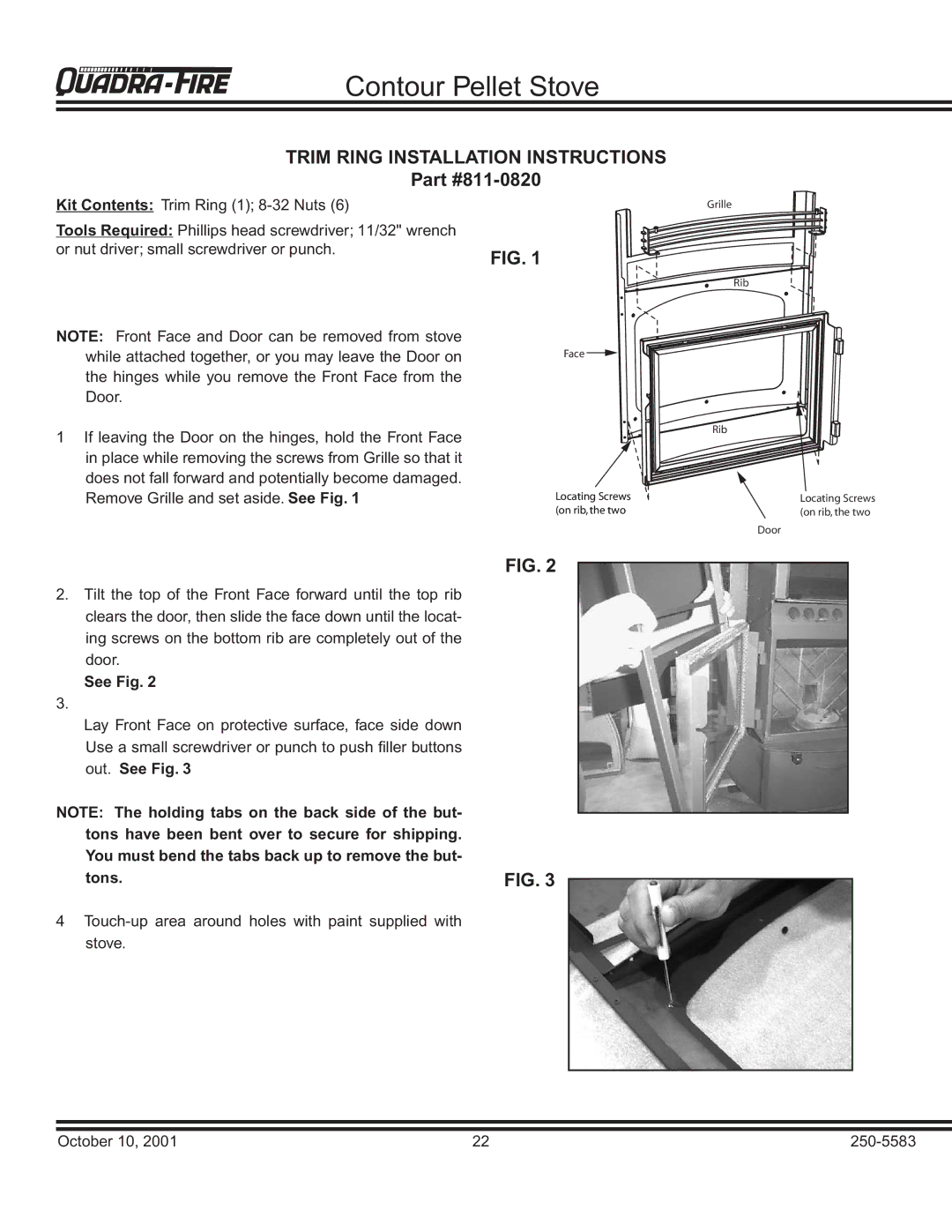 Quadra-Fire QUADRA-FIRE CONTOUR warranty Trim Ring Installation Instructions, 811-0820 