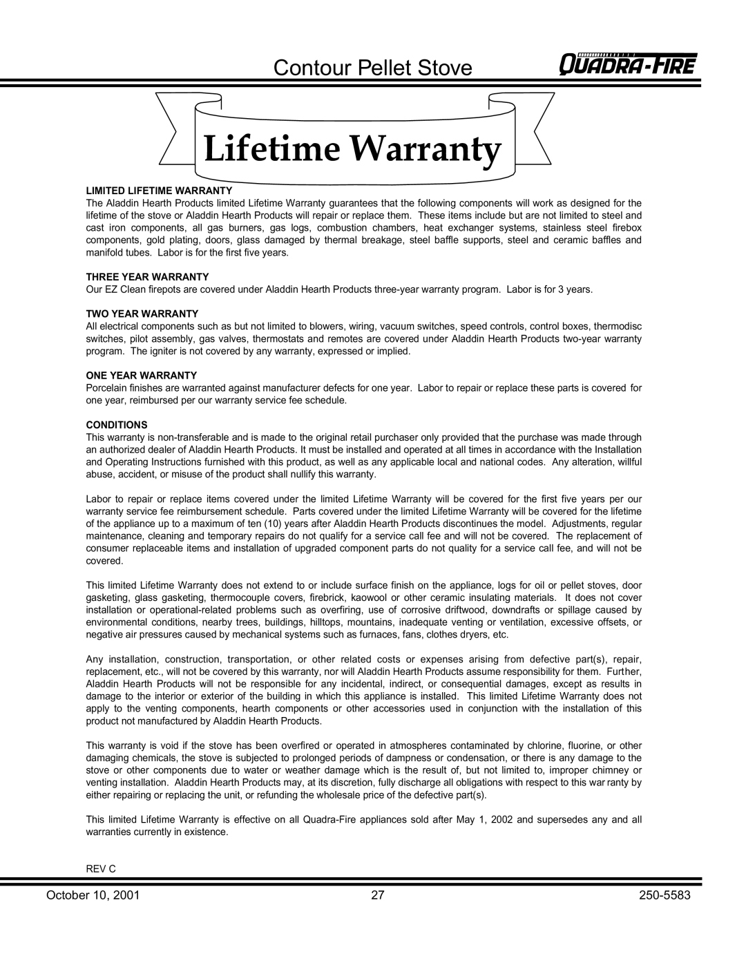 Quadra-Fire QUADRA-FIRE CONTOUR warranty Lifetime Warranty 