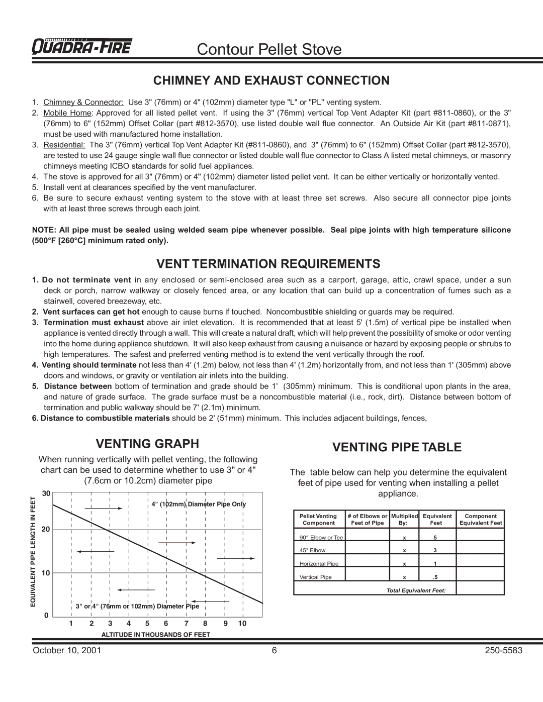 Quadra-Fire QUADRA-FIRE CONTOUR warranty Chimney and Exhaust Connection, Vent Termination Requirements, Venting Graph 