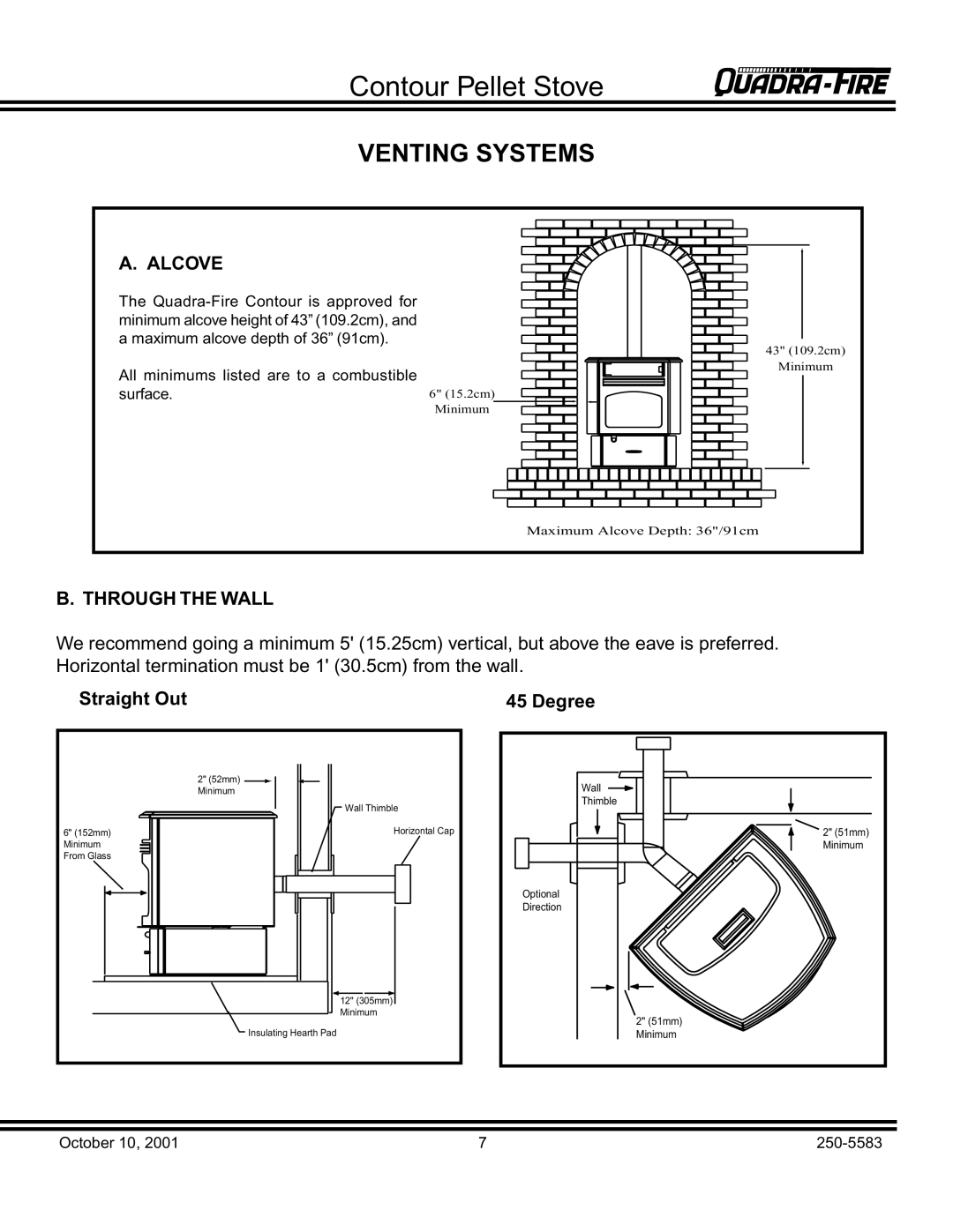 Quadra-Fire QUADRA-FIRE CONTOUR warranty Venting Systems, Alcove, Through the Wall 