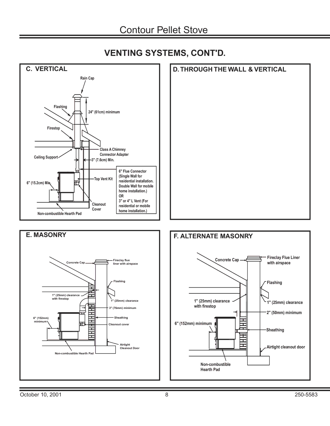 Quadra-Fire QUADRA-FIRE CONTOUR warranty Venting SYSTEMS, Contd, Through the Wall & Vertical, Alternate Masonry 