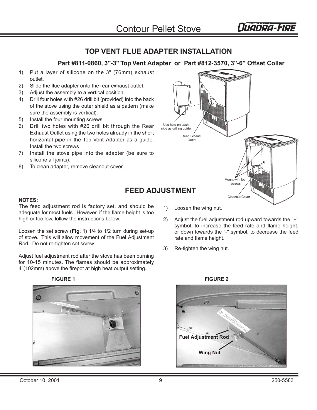 Quadra-Fire QUADRA-FIRE CONTOUR warranty TOP Vent Flue Adapter Installation, Feed Adjustment, Fuel Adjustment Rod Wing Nut 