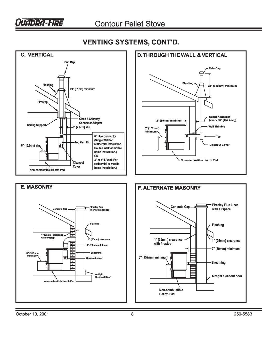 Quadra-Fire QUADRA-FIRE CONTOUR warranty Venting Systems, Contd, C. Vertical, D. Through The Wall & Vertical, E. Masonry 