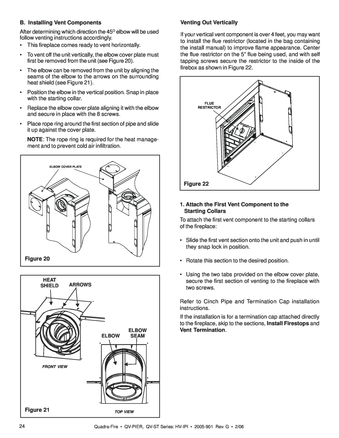 Quadra-Fire QV-PIER, QV-ST owner manual B. Installing Vent Components, Venting Out Vertically 