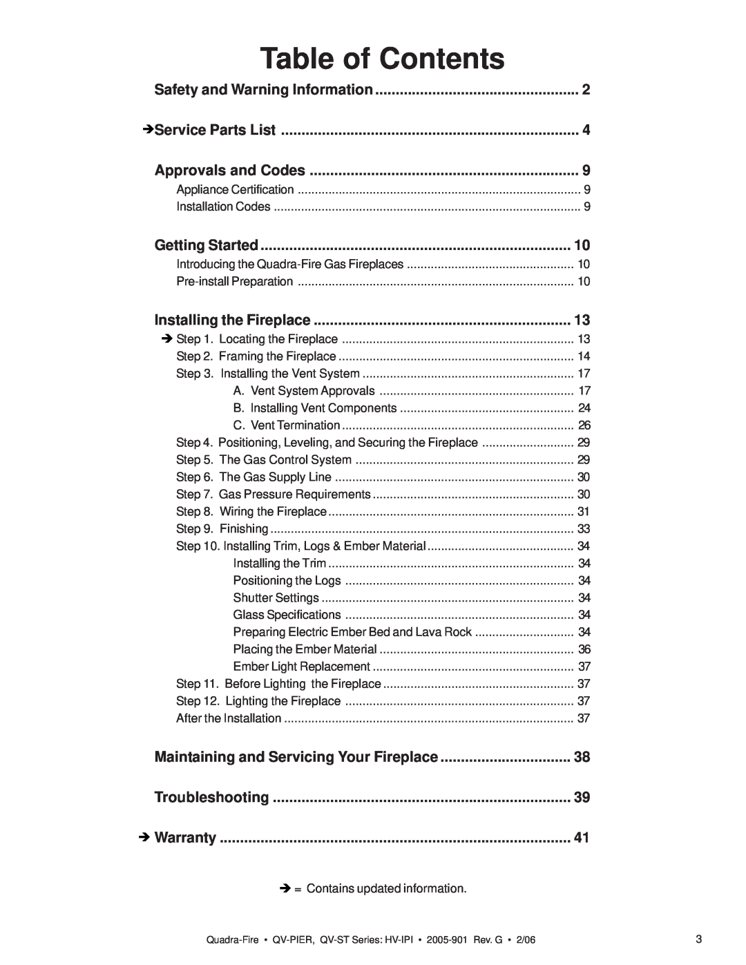 Quadra-Fire QV-ST, QV-PIER owner manual Table of Contents 
