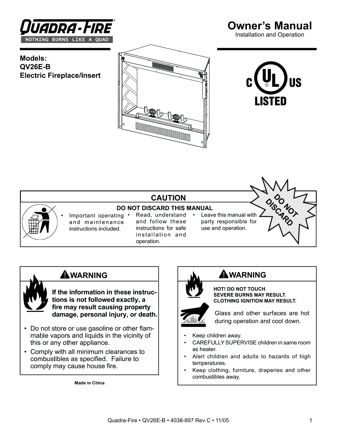 Quadra-Fire QV26E-B owner manual 