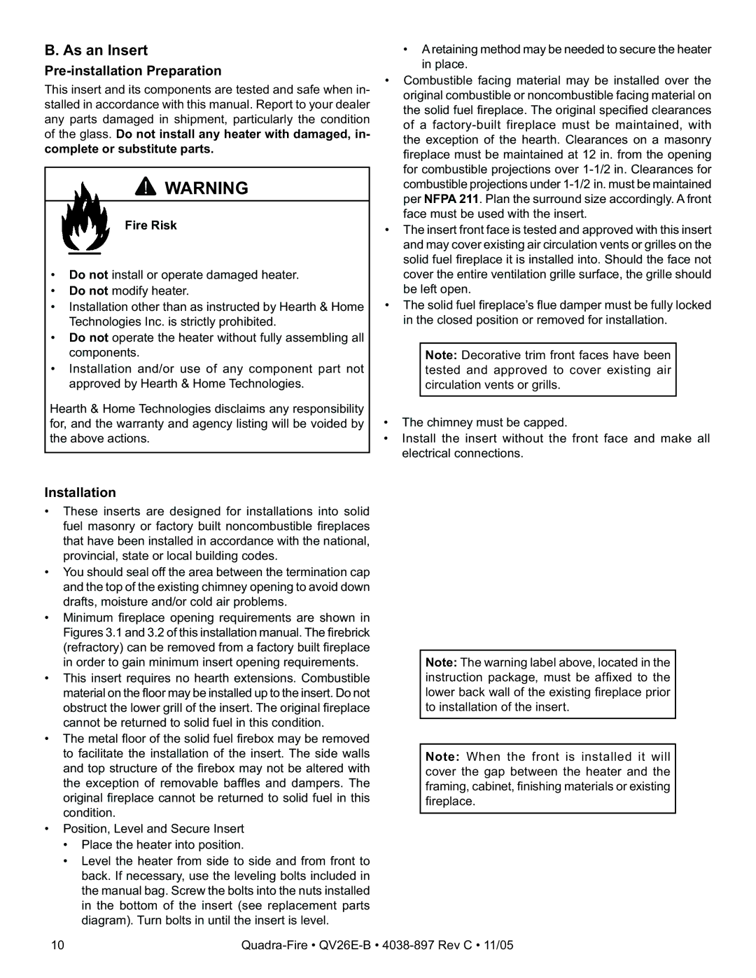 Quadra-Fire QV26E-B owner manual As an Insert, Pre-installation Preparation 