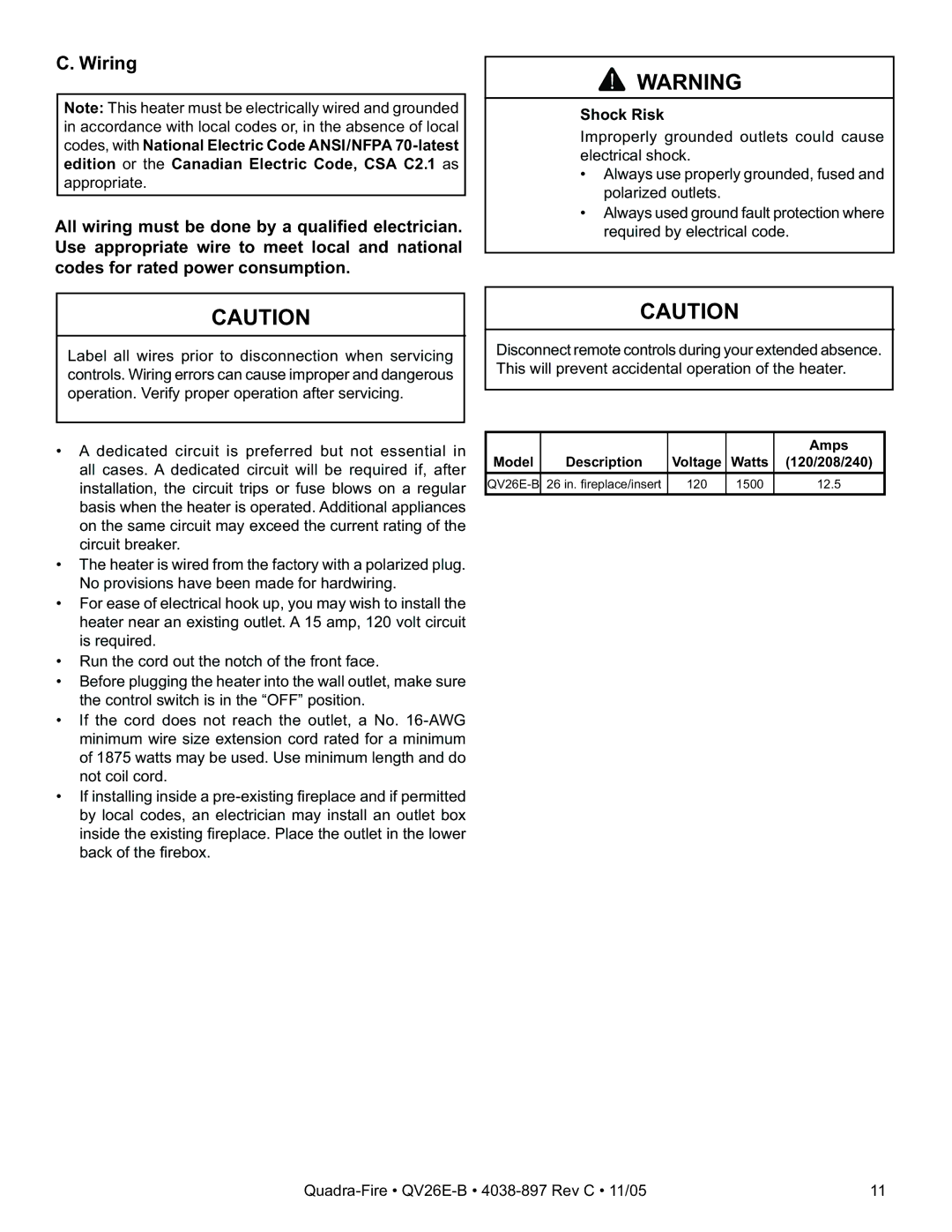 Quadra-Fire QV26E-B owner manual Wiring 