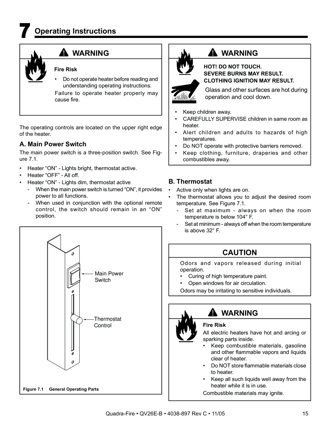 Quadra-Fire QV26E-B owner manual Operating Instructions, Main Power Switch, Thermostat 