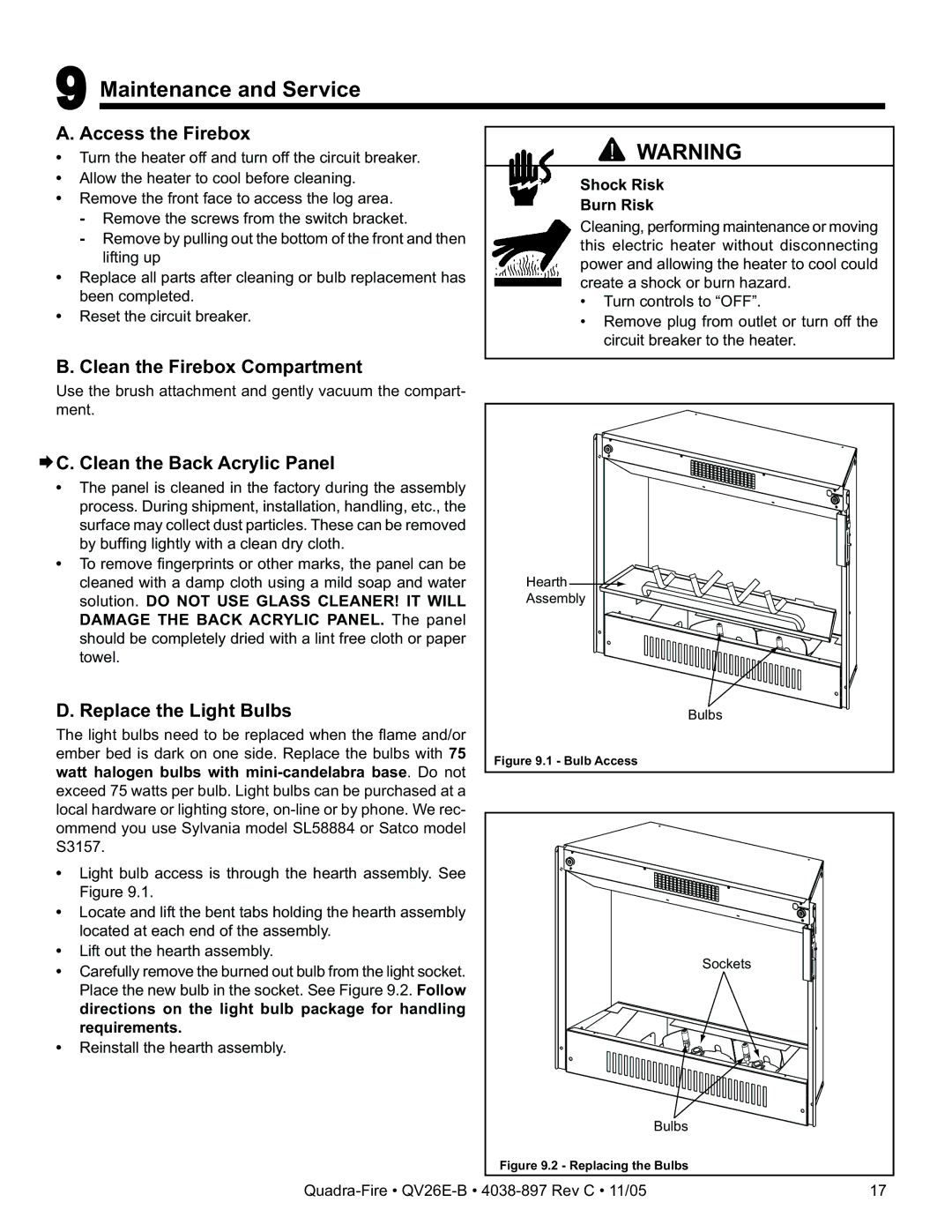 Quadra-Fire QV26E-B Maintenance and Service, Access the Firebox, Clean the Firebox Compartment, Replace the Light Bulbs 