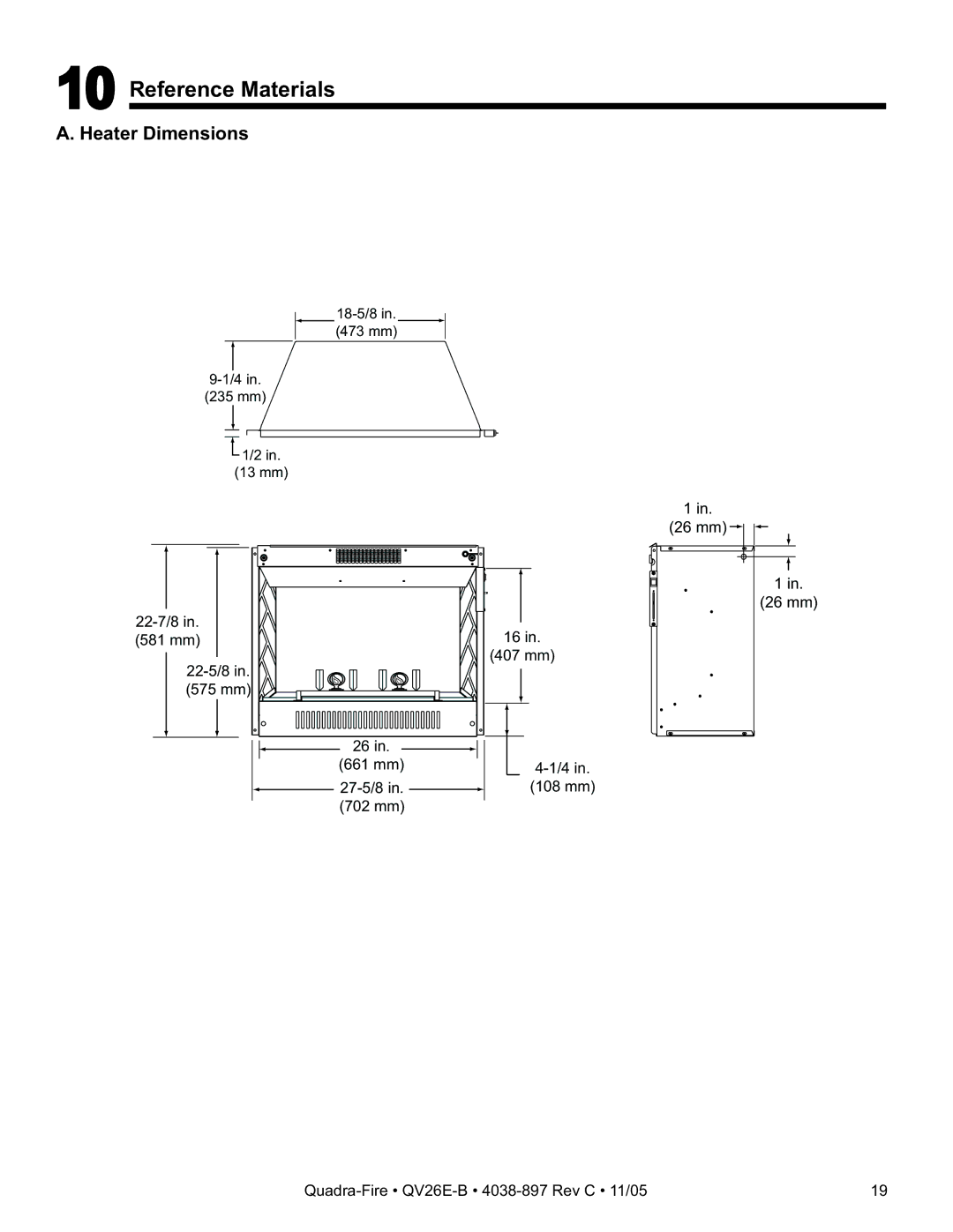 Quadra-Fire QV26E-B owner manual Reference Materials, Heater Dimensions 