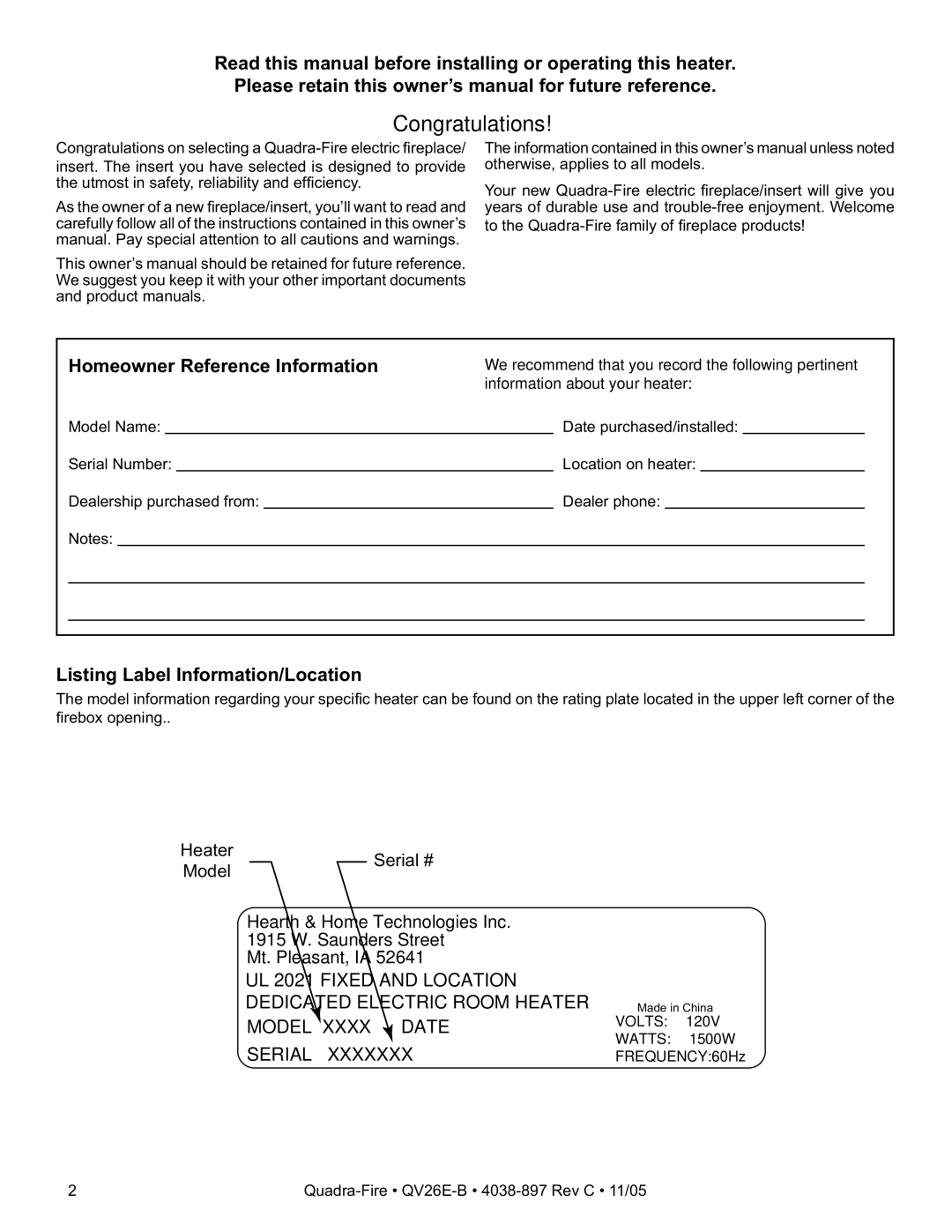 Quadra-Fire QV26E-B owner manual Homeowner Reference Information, Listing Label Information/Location 