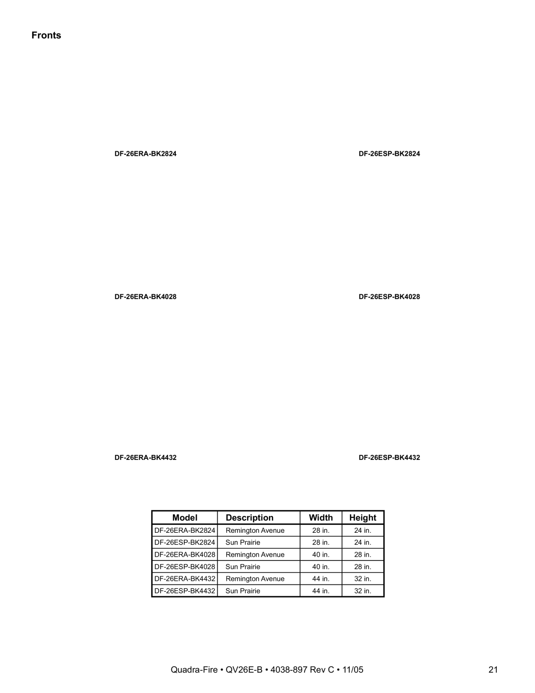 Quadra-Fire QV26E-B owner manual Fronts, Model Description Width Height 