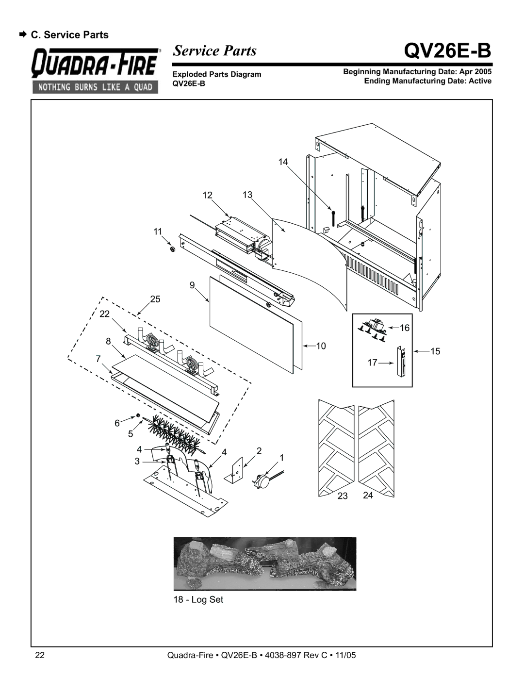 Quadra-Fire QV26E-B owner manual Service Parts 