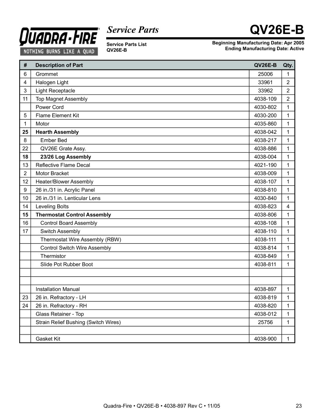 Quadra-Fire QV26E-B # Description of Part, Hearth Assembly, 23/26 Log Assembly, Thermostat Control Assembly, Qty 