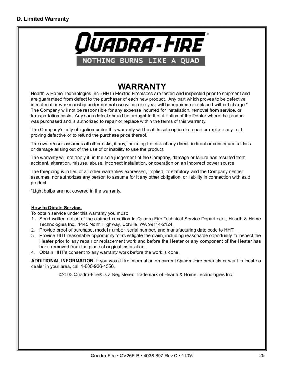 Quadra-Fire QV26E-B owner manual Limited Warranty, How to Obtain Service 