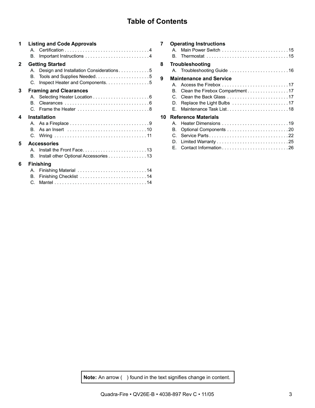 Quadra-Fire QV26E-B owner manual Table of Contents 