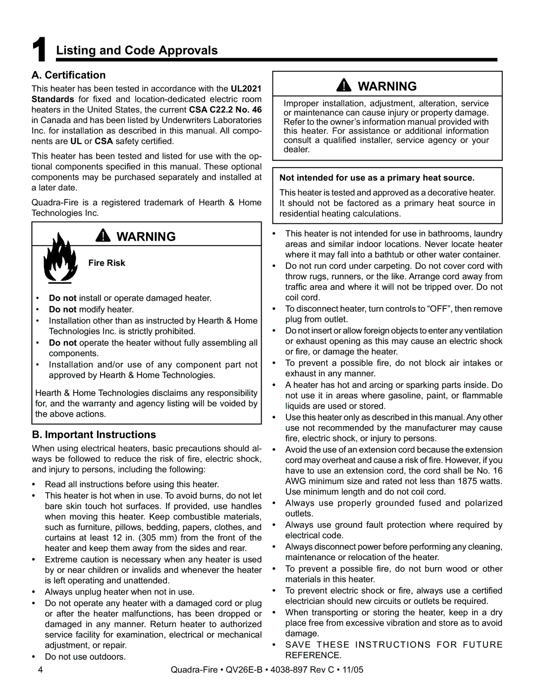 Quadra-Fire QV26E-B owner manual Important Instructions, Not intended for use as a primary heat source, Fire Risk 