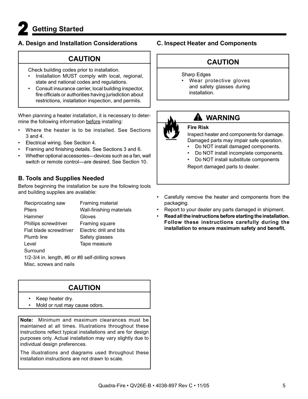 Quadra-Fire QV26E-B owner manual Getting Started, Tools and Supplies Needed 