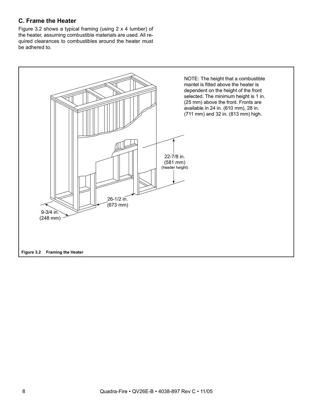 Quadra-Fire QV26E-B owner manual Frame the Heater, Framing the Heater 