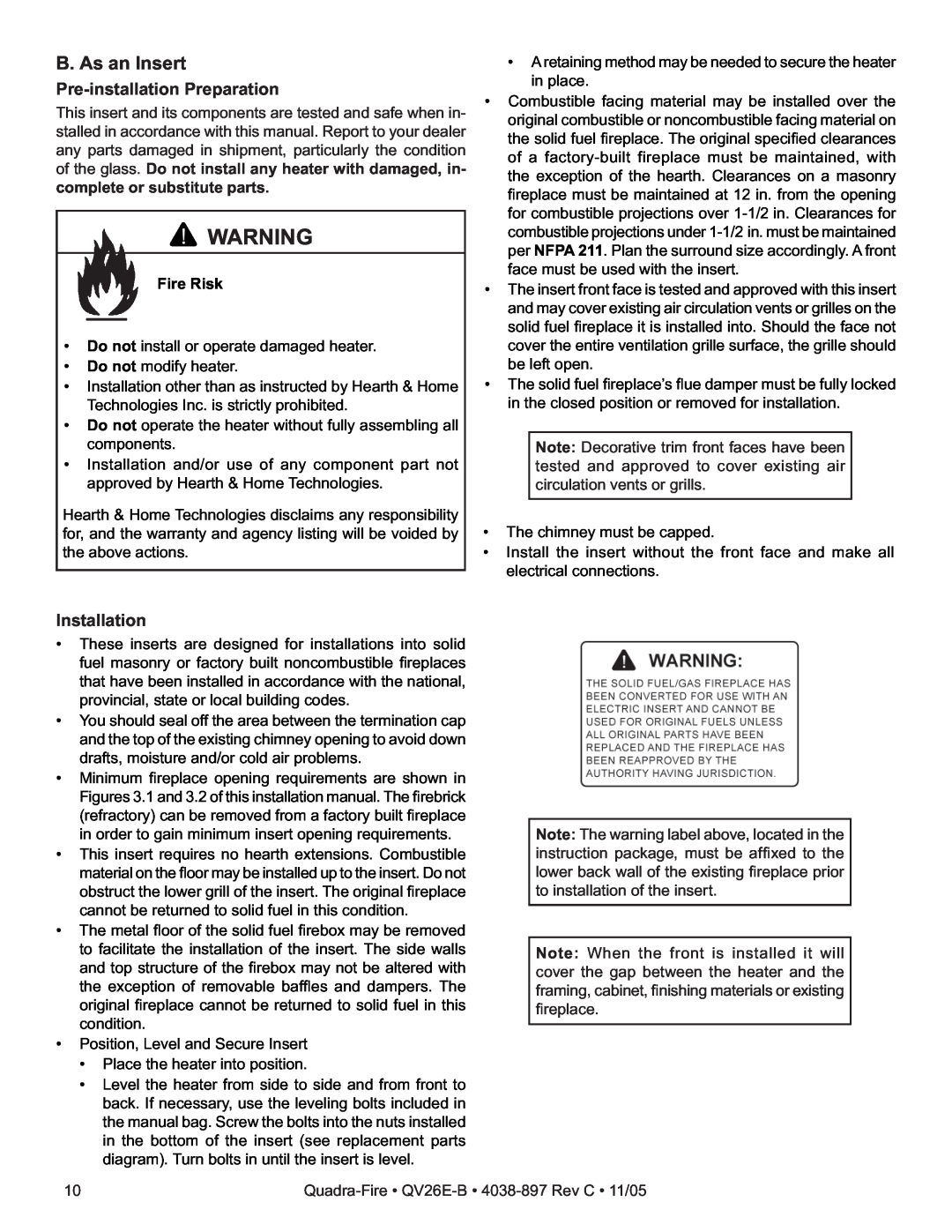 Quadra-Fire QV26E-B owner manual B. As an Insert, Pre-installationPreparation, Installation, Fire Risk 