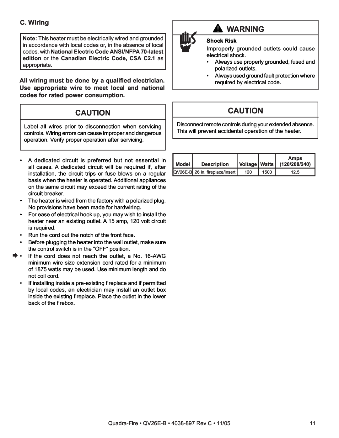 Quadra-Fire QV26E-B owner manual C. Wiring, Shock Risk 