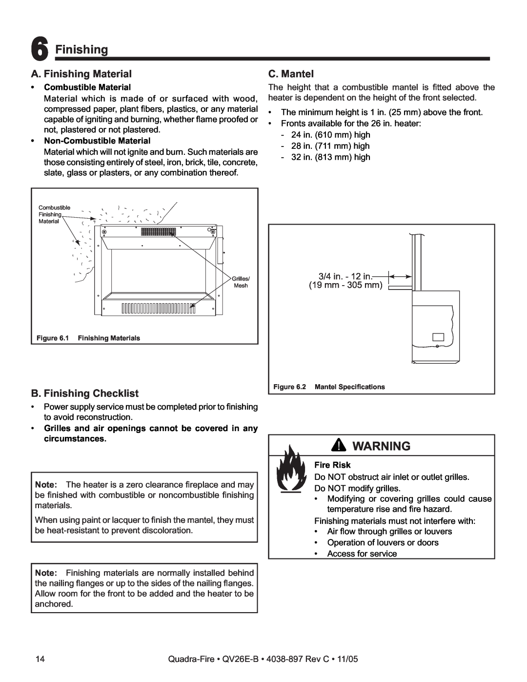 Quadra-Fire QV26E-B 6Finishing, A. Finishing Material, C. Mantel, B. Finishing Checklist, 3/4 in. - 12 in 19 mm - 305 mm 