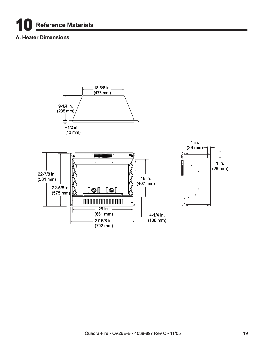 Quadra-Fire QV26E-B owner manual Reference Materials, A. Heater Dimensions 