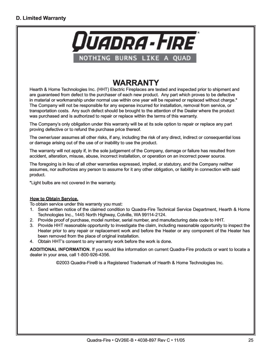 Quadra-Fire QV26E-B owner manual D. Limited Warranty, How to Obtain Service 