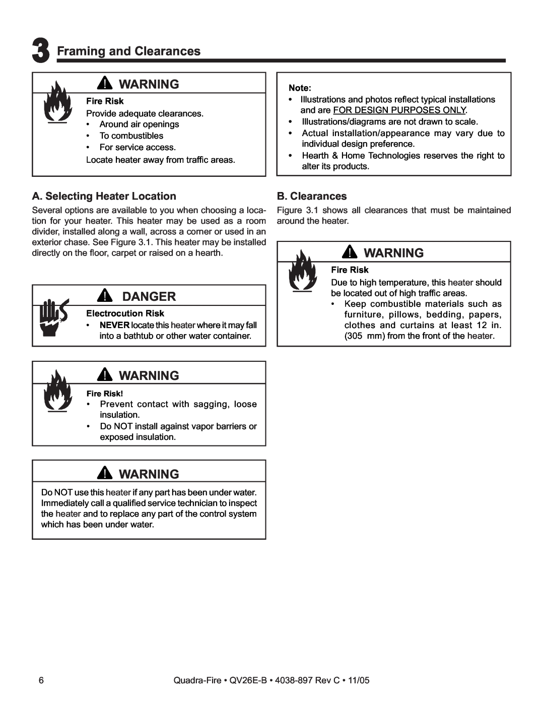 Quadra-Fire QV26E-B owner manual 3Framing and Clearances, Danger, A. Selecting Heater Location, B. Clearances, Fire Risk 
