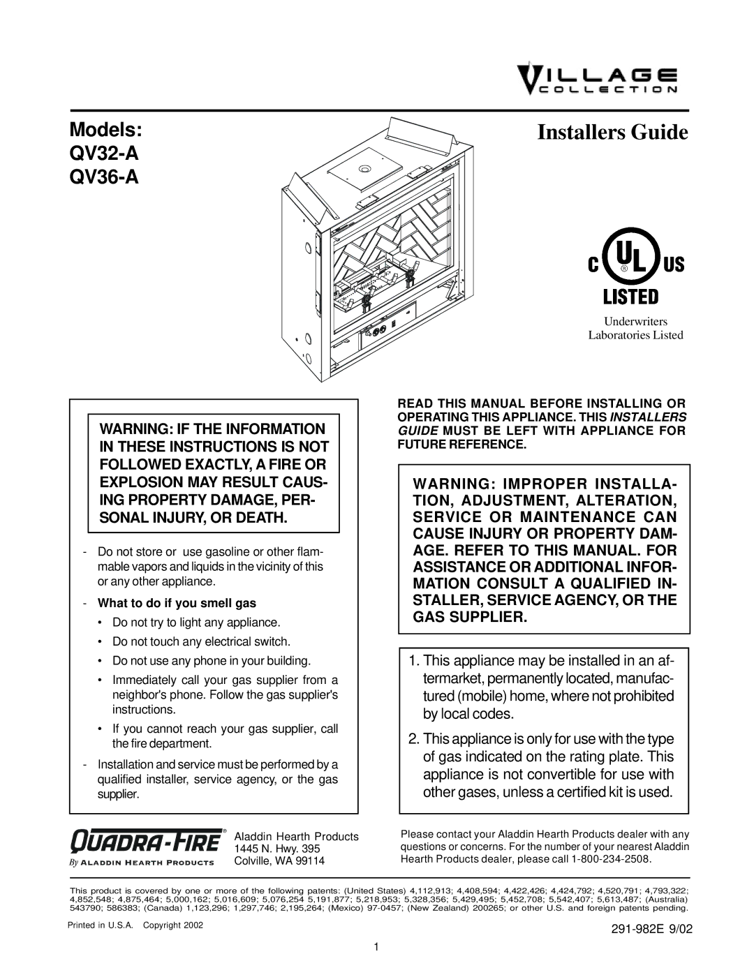 Quadra-Fire QV36-A, QV32-A manual Installers Guide, What to do if you smell gas 