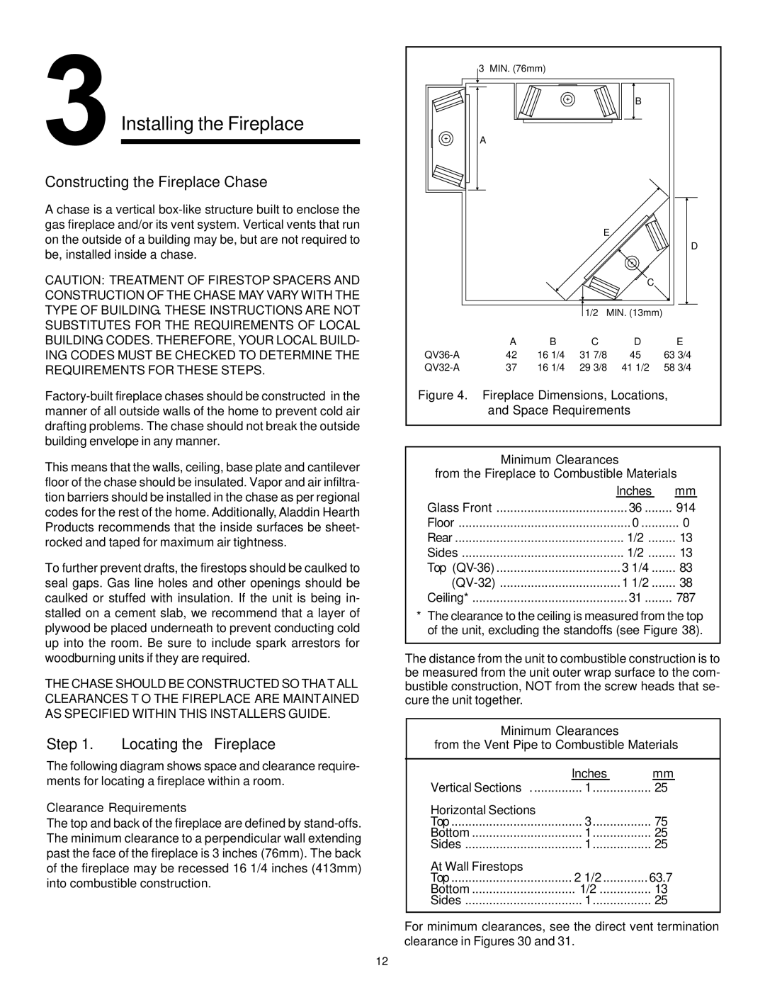 Quadra-Fire QV32-A, QV36-A manual Constructing the Fireplace Chase, Locating the Fireplace, Clearance Requirements 