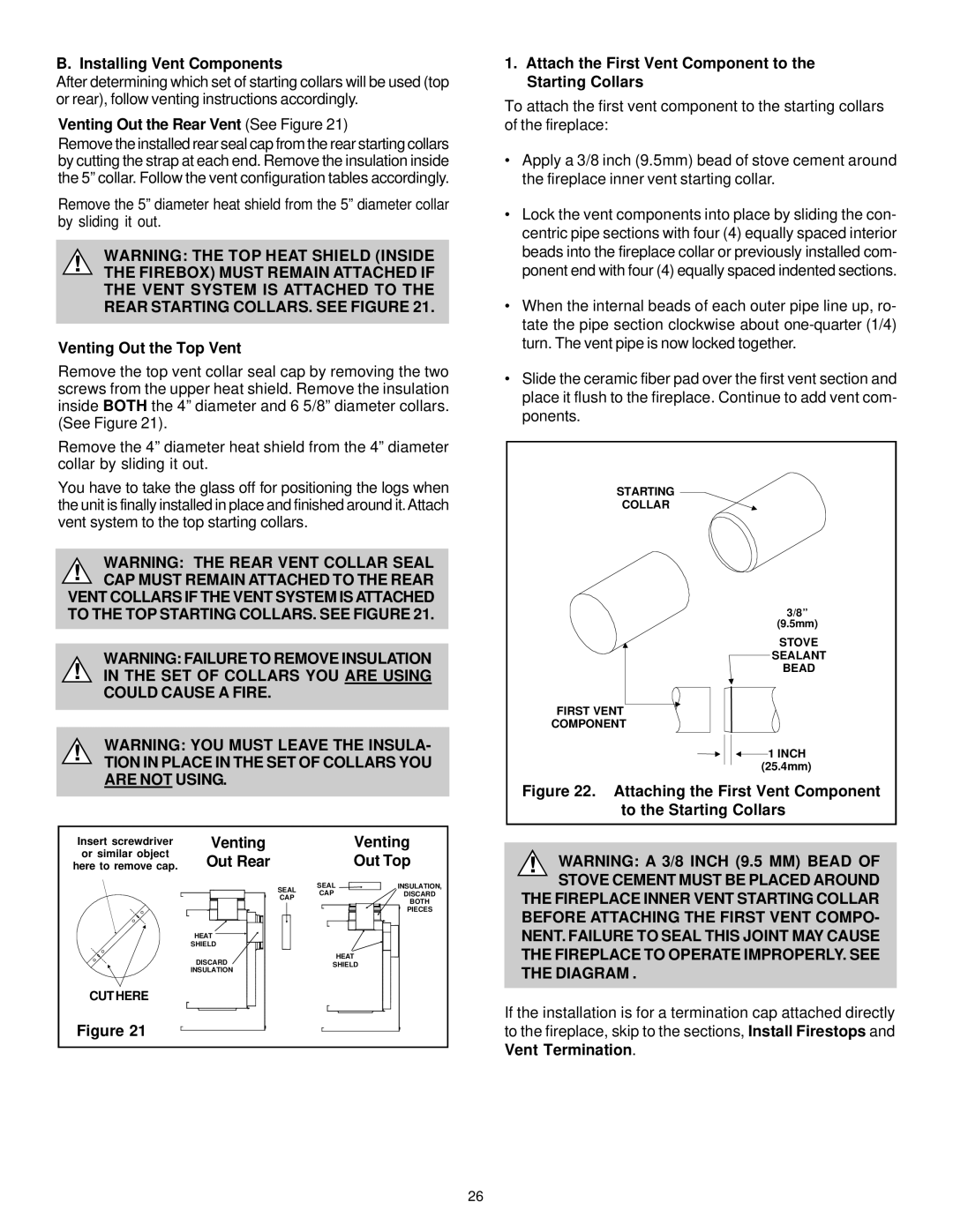 Quadra-Fire QV32-A, QV36-A manual SET of Collars YOU are Using could Cause a Fire 