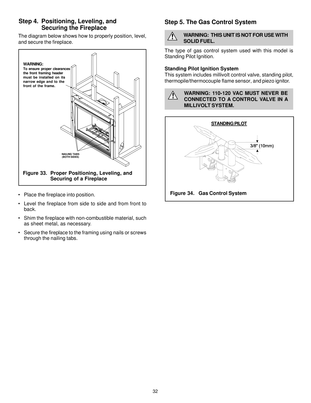 Quadra-Fire QV32-A Positioning, Leveling, and Securing the Fireplace, Gas Control System, Standing Pilot Ignition System 