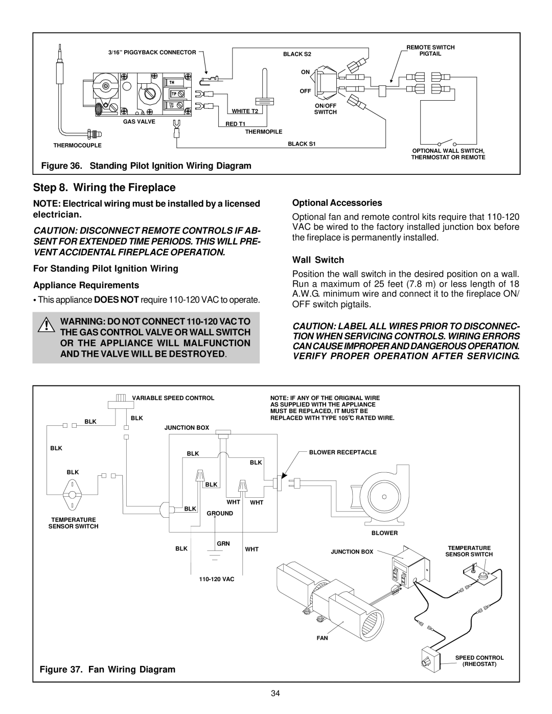 Quadra-Fire QV32-A Wiring the Fireplace, For Standing Pilot Ignition Wiring Appliance Requirements, Optional Accessories 