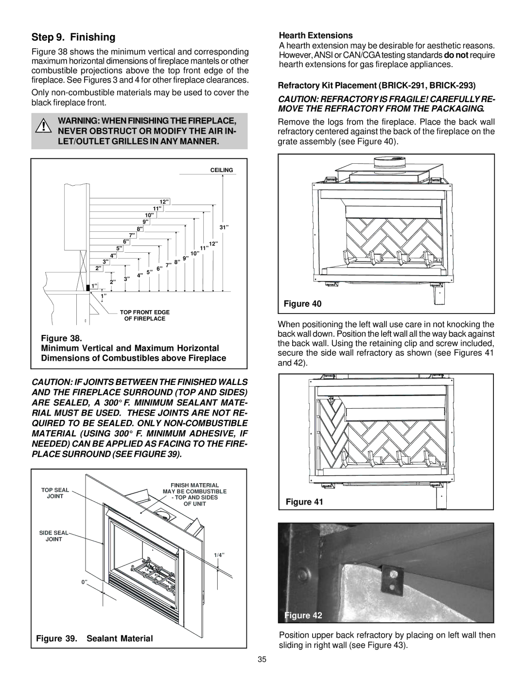 Quadra-Fire QV36-A, QV32-A manual Finishing, Refractory Kit Placement BRICK-291, BRICK-293 