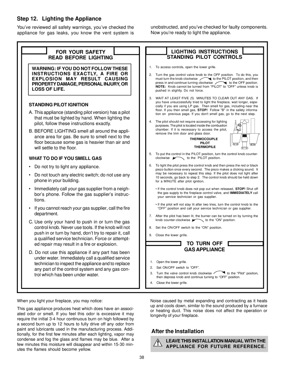 Quadra-Fire QV32-A Lighting the Appliance, After the Installation, Standing Pilot Ignition, What to do if YOU Smell GAS 