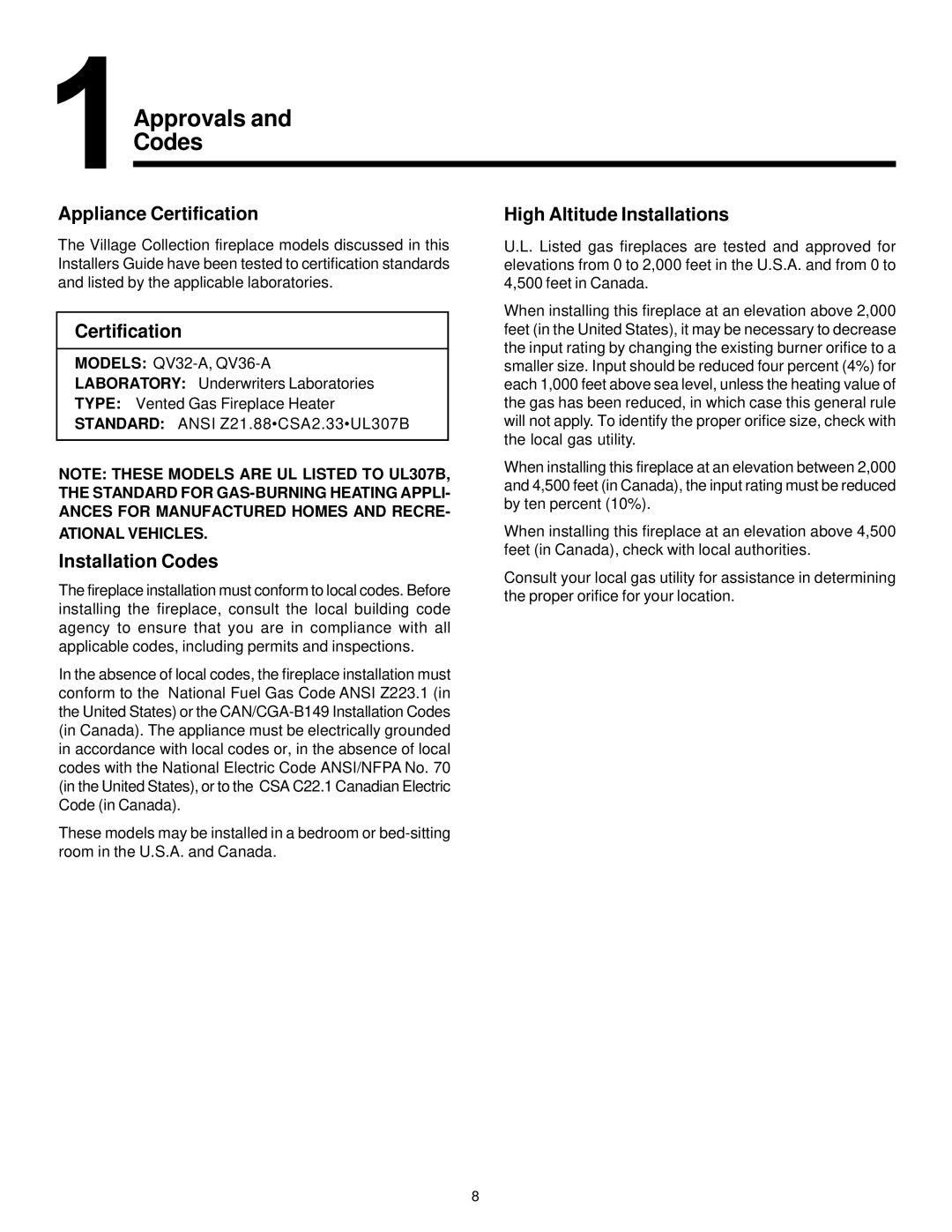 Quadra-Fire QV32-A, QV36-A manual Appliance Certification, Installation Codes, High Altitude Installations 