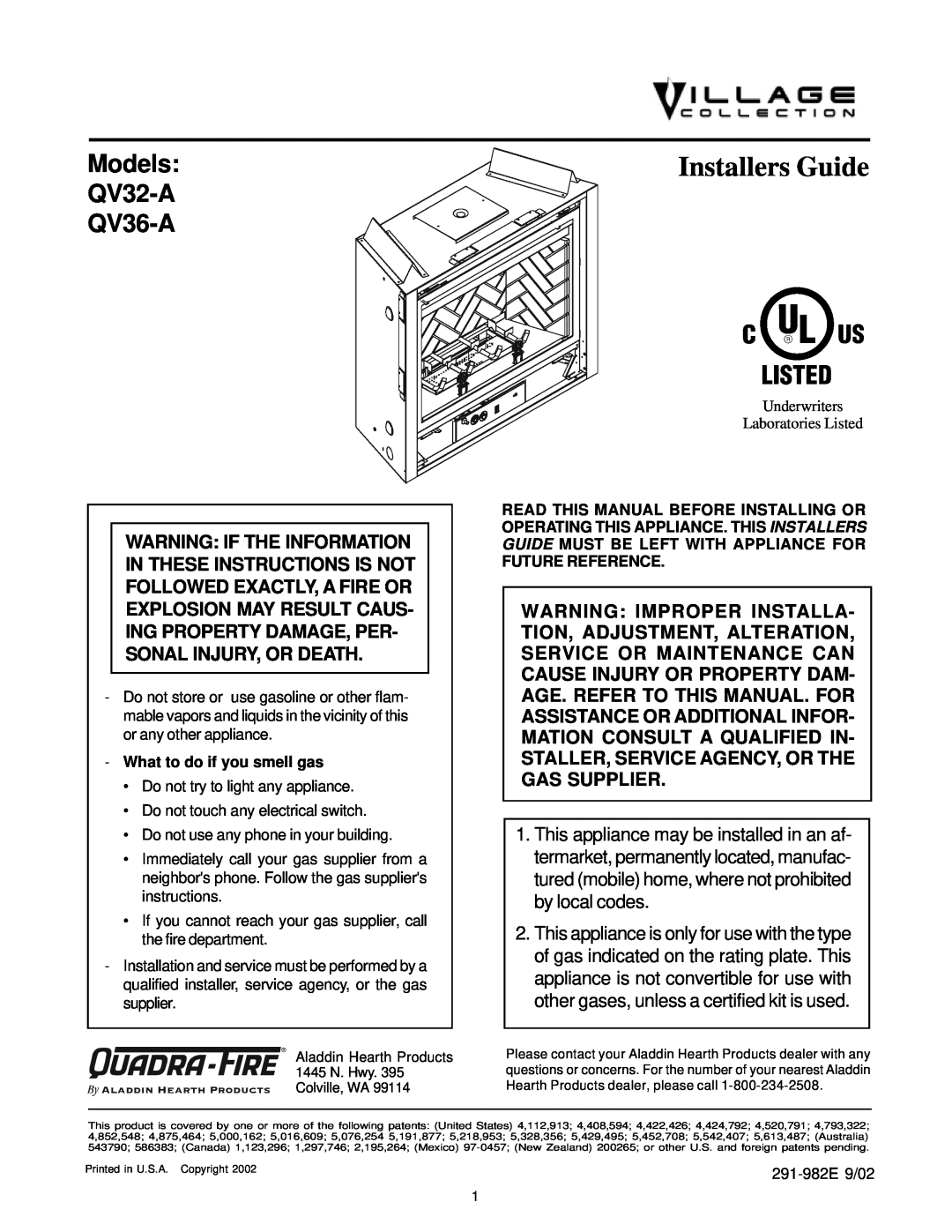 Quadra-Fire QV36-A manual What to do if you smell gas, Installers Guide, Models, QV32-A 