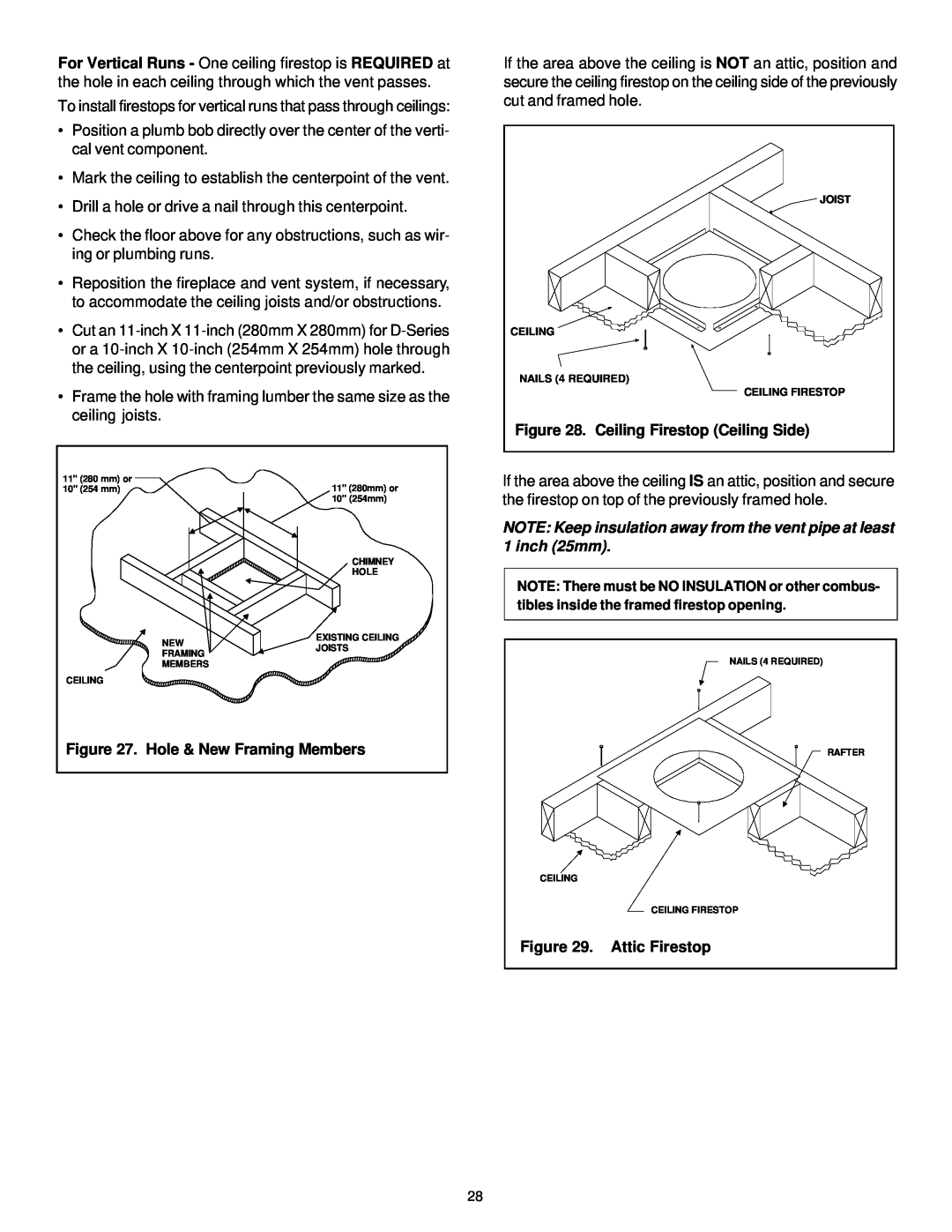 Quadra-Fire QV32-A, QV36-A manual Ceiling Firestop Ceiling Side, Hole & New Framing Members, Attic Firestop 